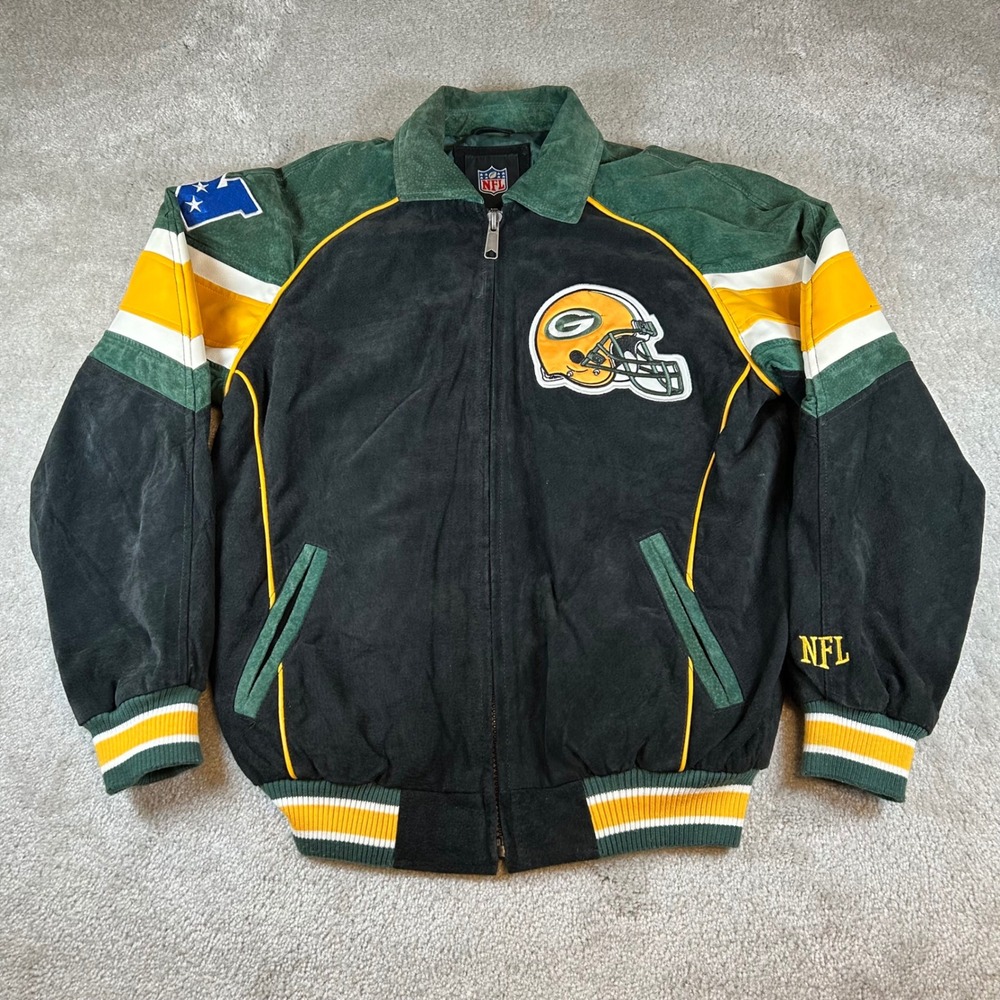 G-III NFL Green Bay Packers Jacket Mens Small Black Green Suede Leather Bomber